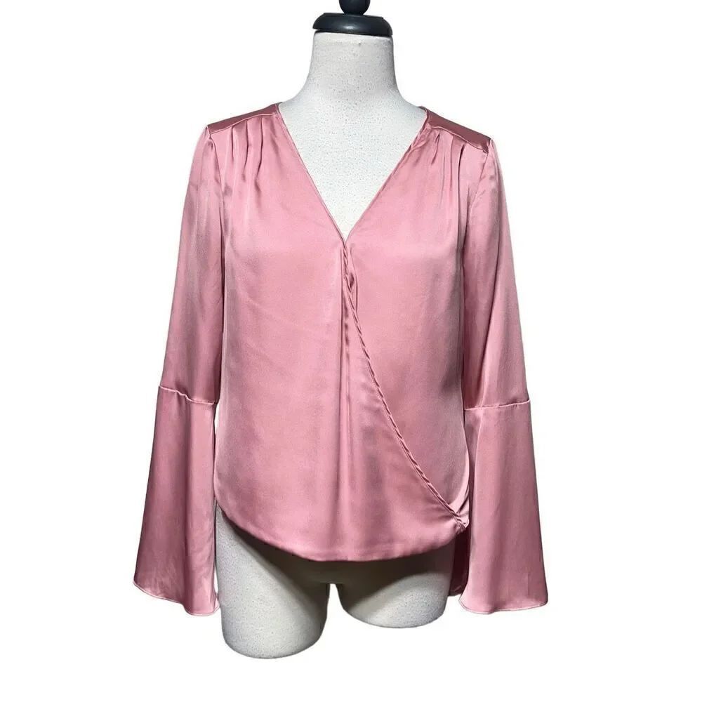 White House Black Market Trumpet Sleeve Pink Silky Blouse Size 4